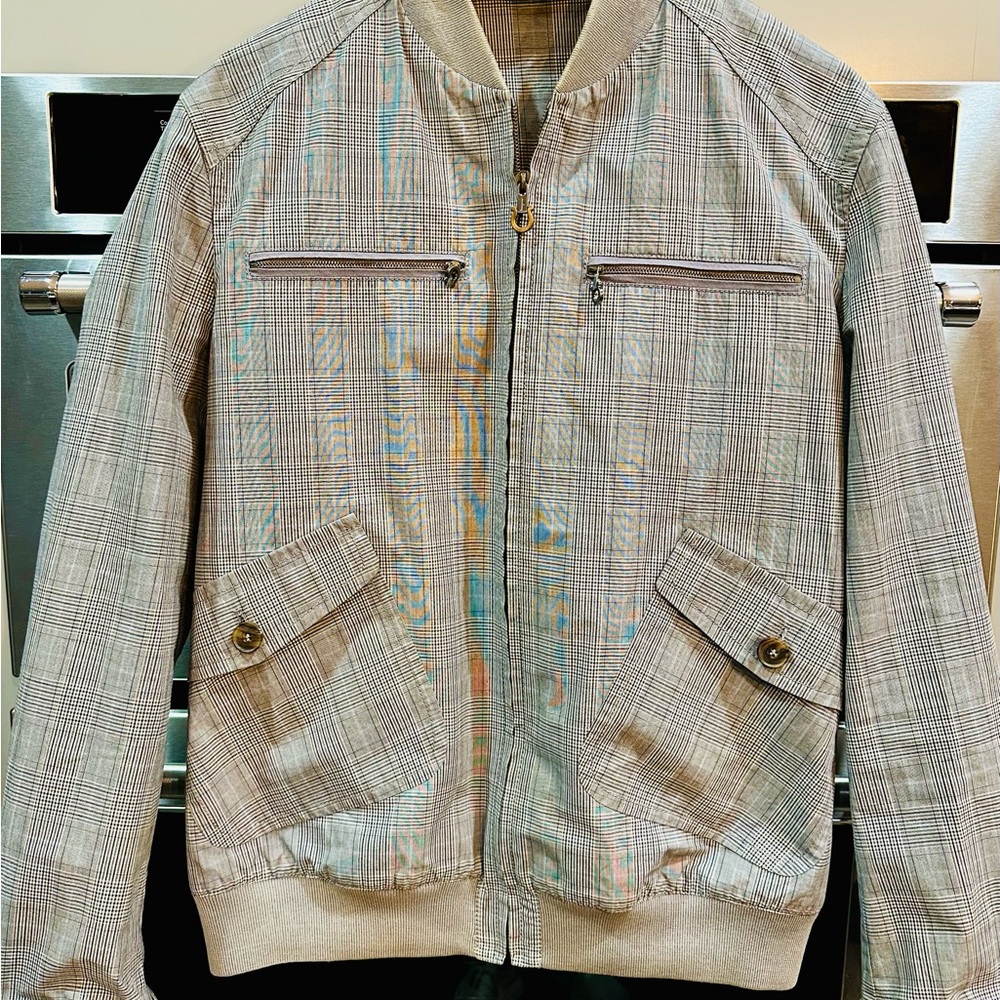 Salvatore Ferragamo Tan and Black Plaid Bomber Jacket